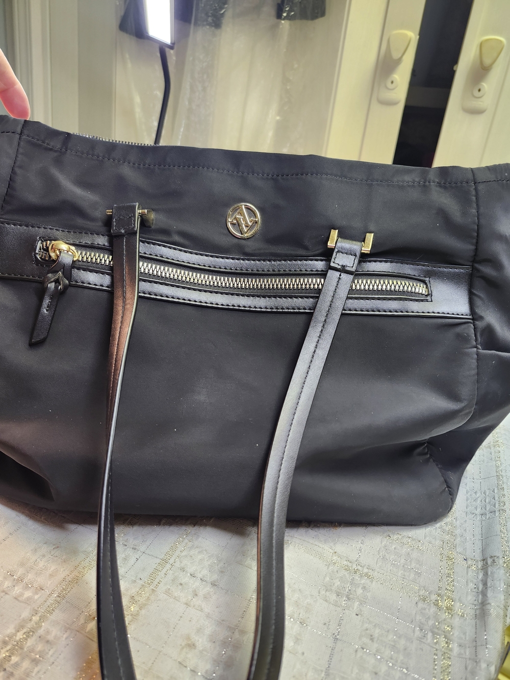 Adrienne Everyday Black Nylon Tote with Front Zip and Leather Trim